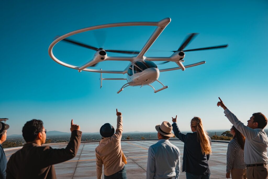 People on a rooftop watching a white helicopter fly overhead, everyone pointing upward in awe or excitement.