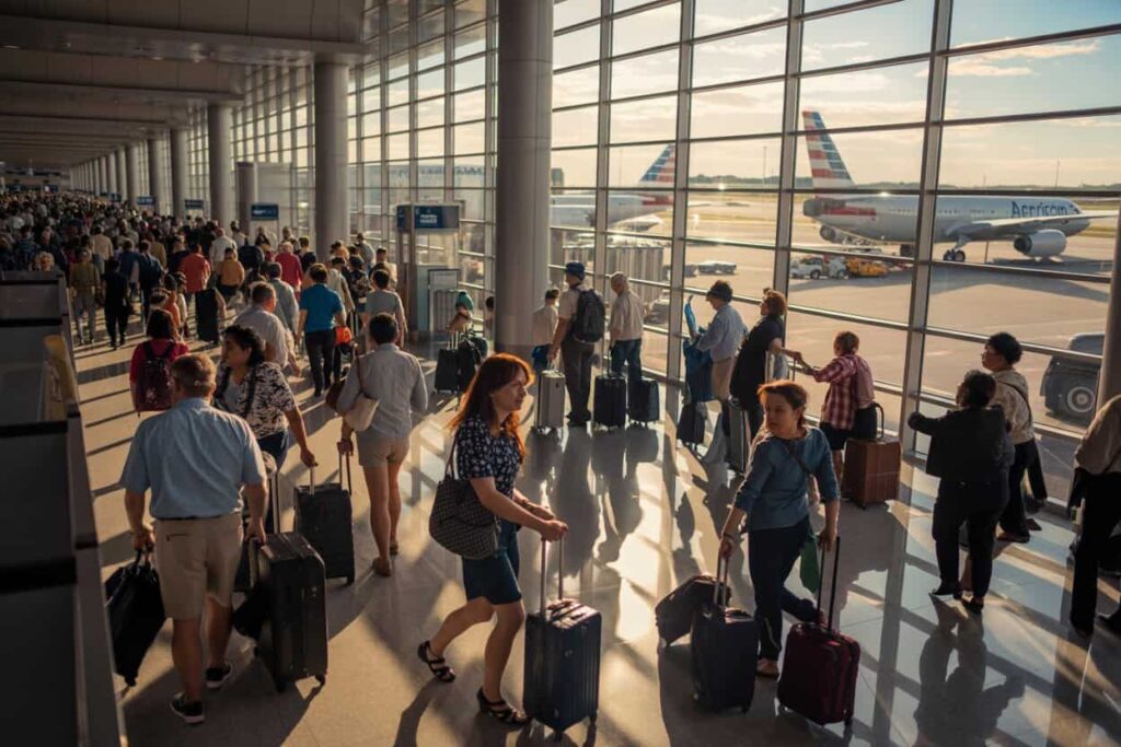 Crowded airport terminal with travelers and rolling suitcases, sunlight streaming through large windows toward parked planes outside.