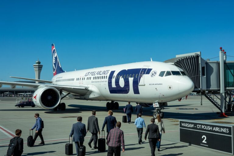 LOT Polish Airlines jet at a gate with the jet bridge connected as passengers walk with luggage toward the plane.