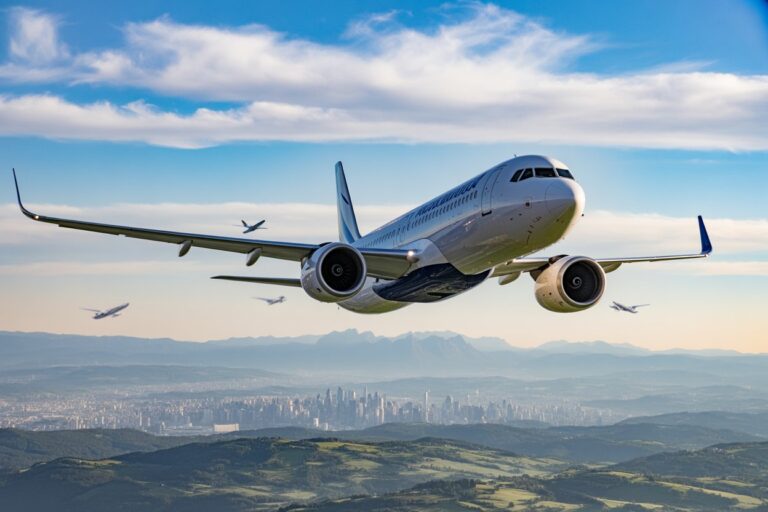 Commercial passenger jet banking left while flying over a city with hills and distant mountains under a blue sky.