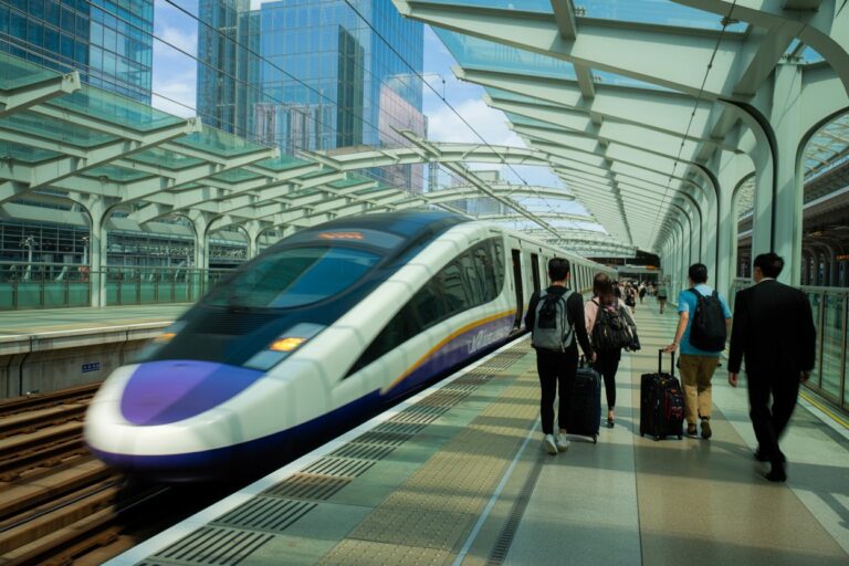 Passengers with rolling suitcases boarding a white and purple high-speed train at a modern glass-and-steel station.