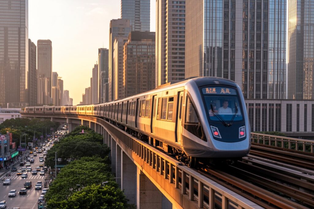 Elevated modern train curves along tracks above a busy city street with tall skyscrapers at sunset.