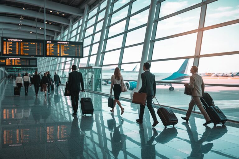 People walking with rolling luggage through a bright airport terminal, flight boards visible on the left and planes outside the windows.