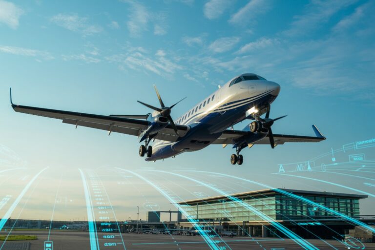 Commercial airplane taking off from the runway with glowing blue flight-path graphics overlaying the scene.