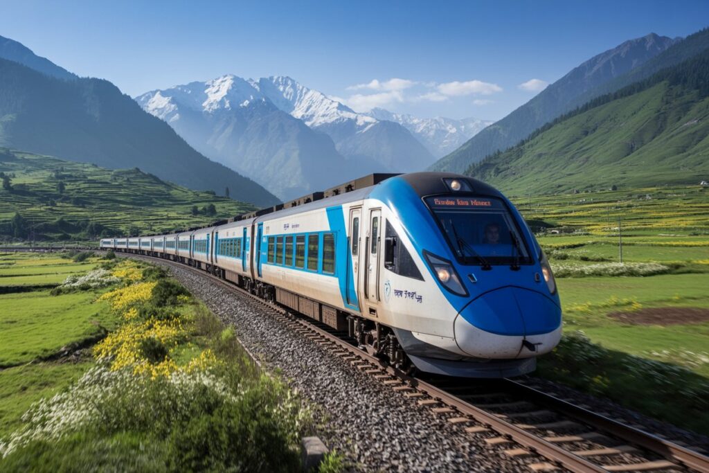 High-speed blue-and-white train travels along a curved track through a green valley with snow-capped mountains in the background