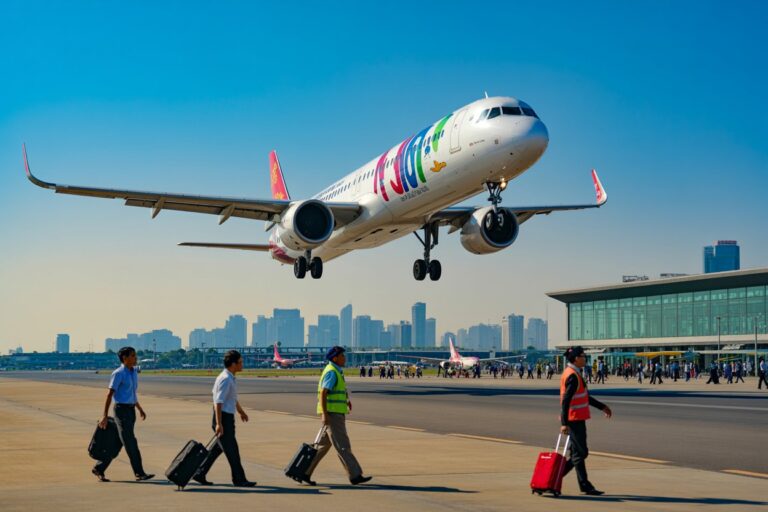 Airplane lifting off above the runway as travelers with rolling suitcases walk toward a glass-front airport terminal on a sunny day.