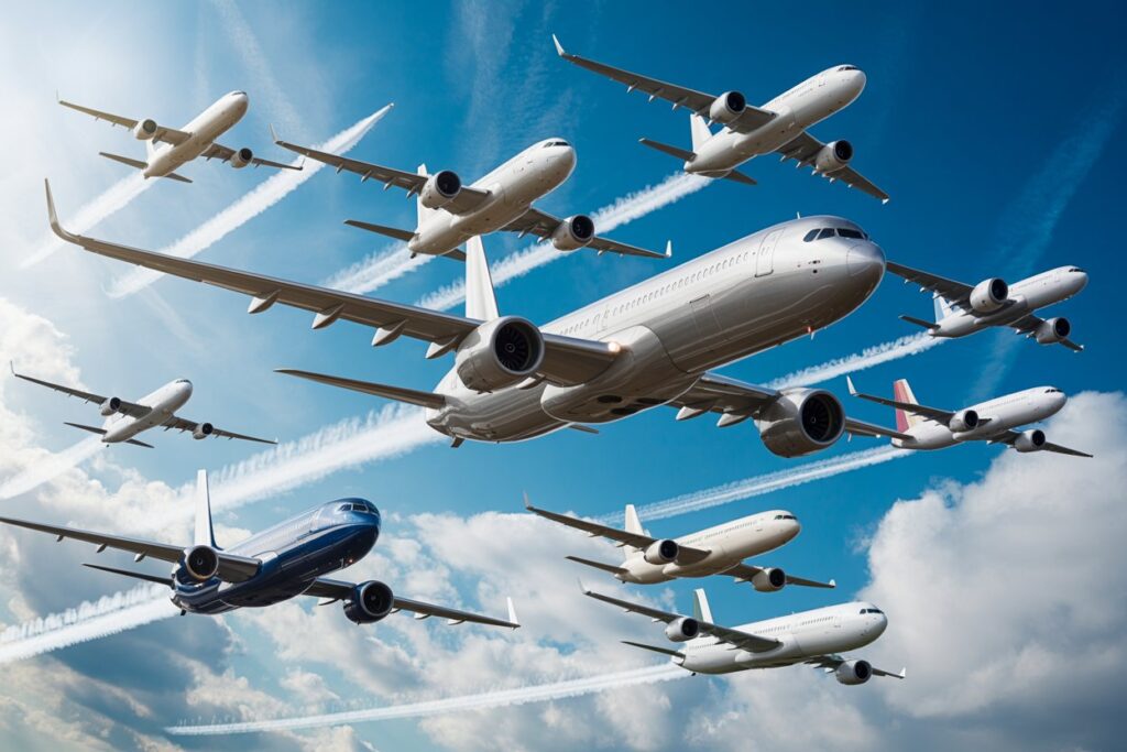 A large commercial airliner in the foreground with multiple other jets flying in formation and contrails across a blue sky.