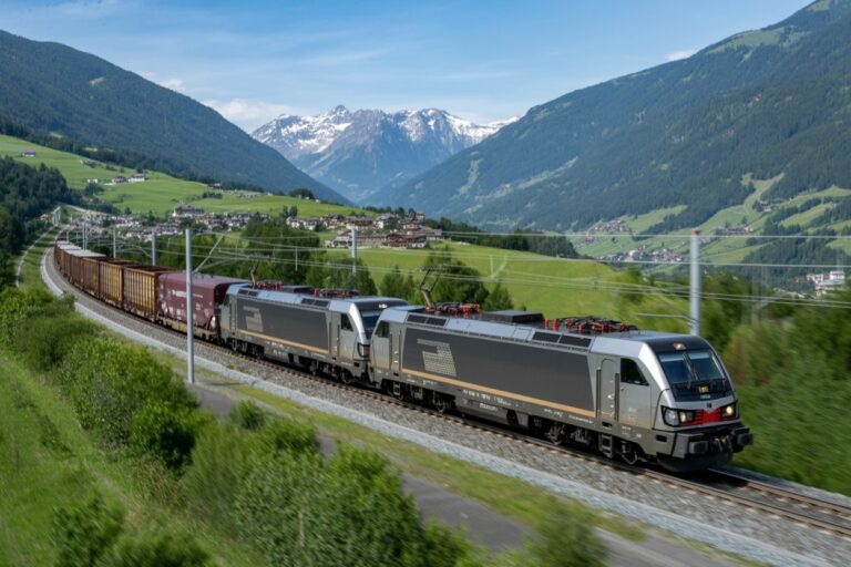 Freight train with two silver locomotives pulling brown cargo cars on a curved track through a green valley with mountains in the distance