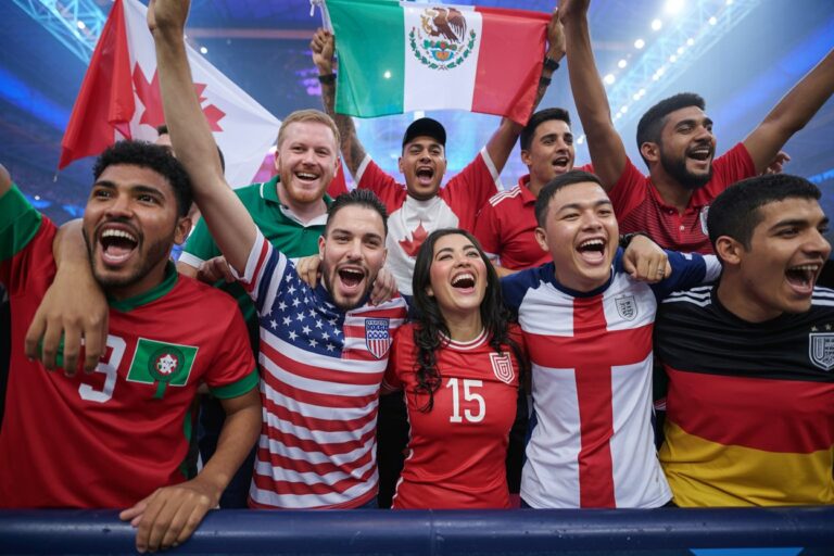 Group of diverse soccer fans cheering in a stadium, wearing national team jerseys and waving flags from multiple countries.