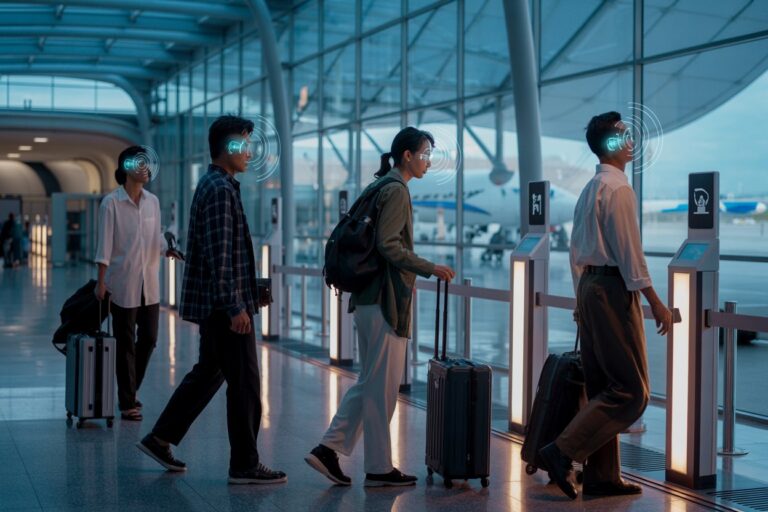 Group of travelers with rolling suitcases walking through a modern airport terminal toward the boarding gates.