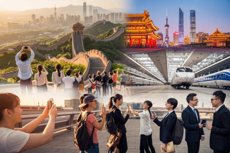 collage of travelers and iconic Chinese landmarks (Great Wall, Shanghai skyline) and high-speed trains, depicting tourism and business travel in China