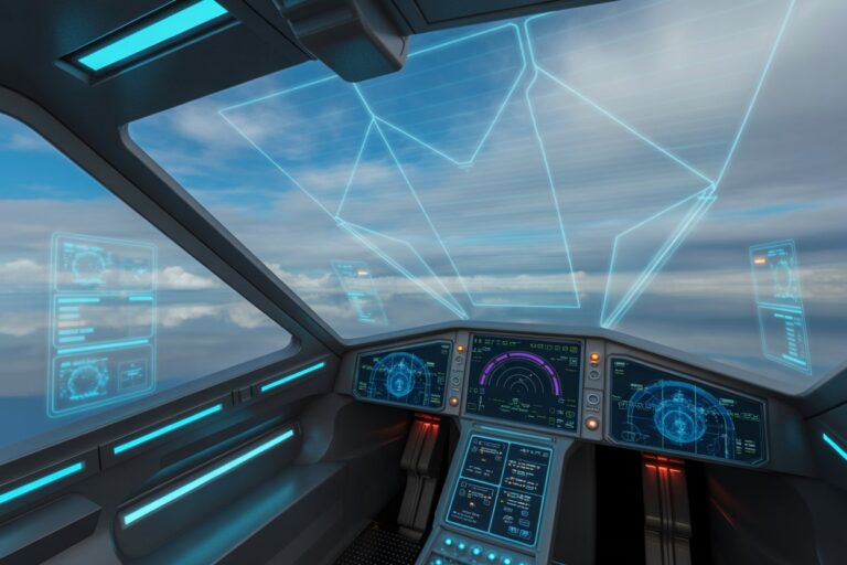 Futuristic airplane cockpit with holographic blue dashboards and transparent screens displaying flight data beyond the windshield.