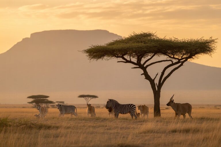 Acacia tree on a golden savannah at sunset, with zebras and antelopes grazing nearby.