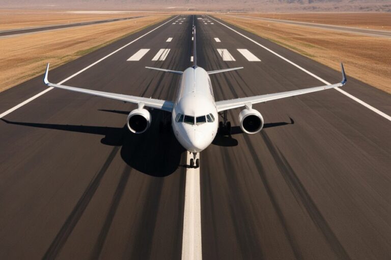 Airplane on a runway viewed from above, front-facing, ready for takeoff.