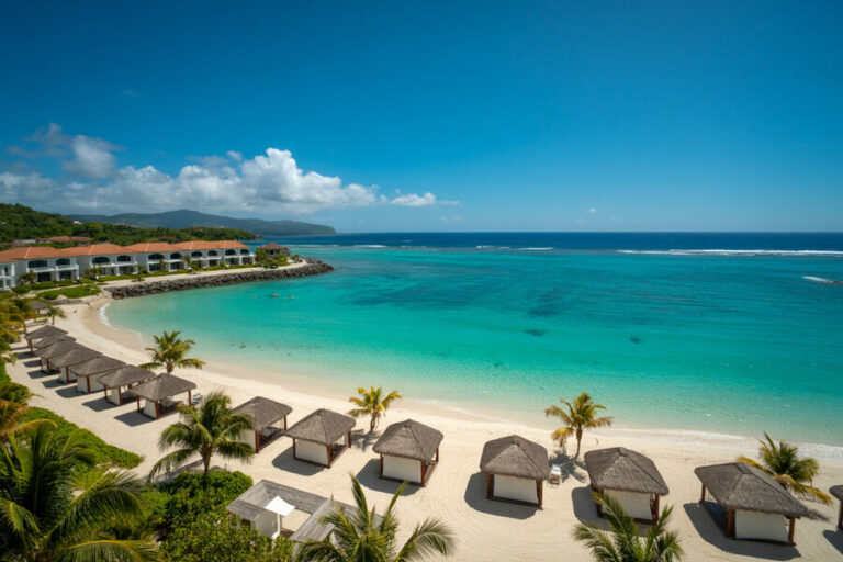 Turquoise tropical beach with white sand, palm trees, and thatched cabanas lining the shore. A resort sits along the water’s edge.