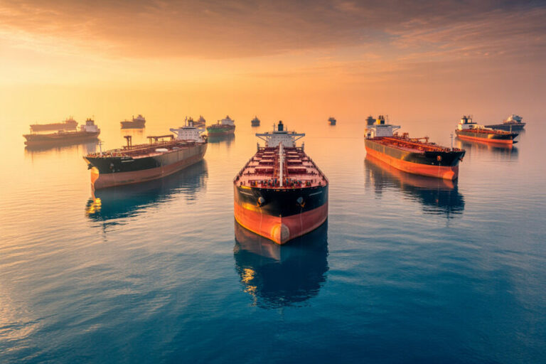 Fleet of large cargo ships anchored in calm blue water at sunset, reflecting warm orange skies.
