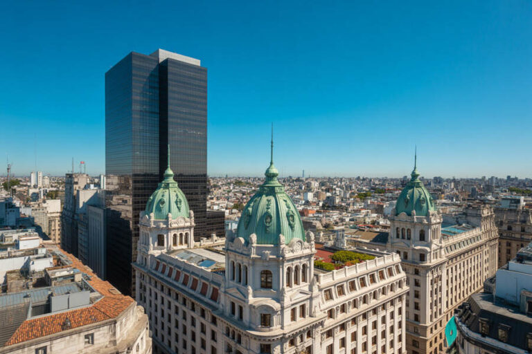 Aerial view of a city skyline with a black glass skyscraper beside historic green-domed buildings under a blue sky.