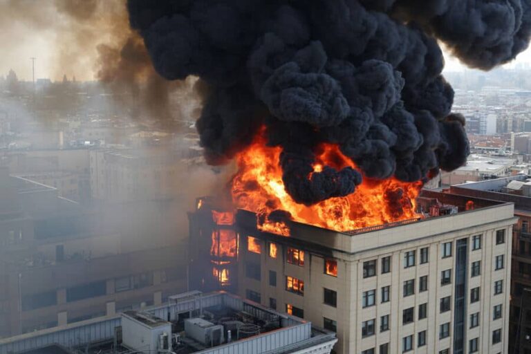 A multi-story office building is on fire with bright orange flames and dense black smoke billowing into the sky.