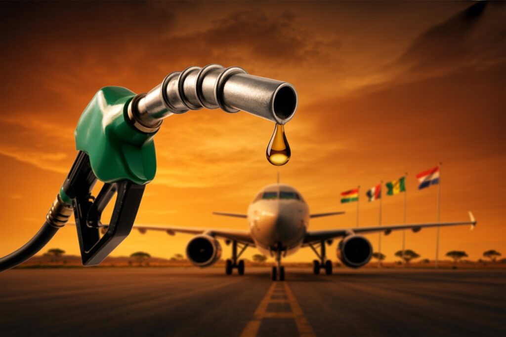 Close-up of a fuel nozzle dripping fuel toward a commercial airplane on a runway at sunset, with flags in the background.