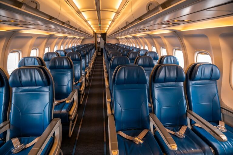 Interior of a commercial airplane cabin with blue leather seats, warm overhead lighting, and rows along a central aisle.