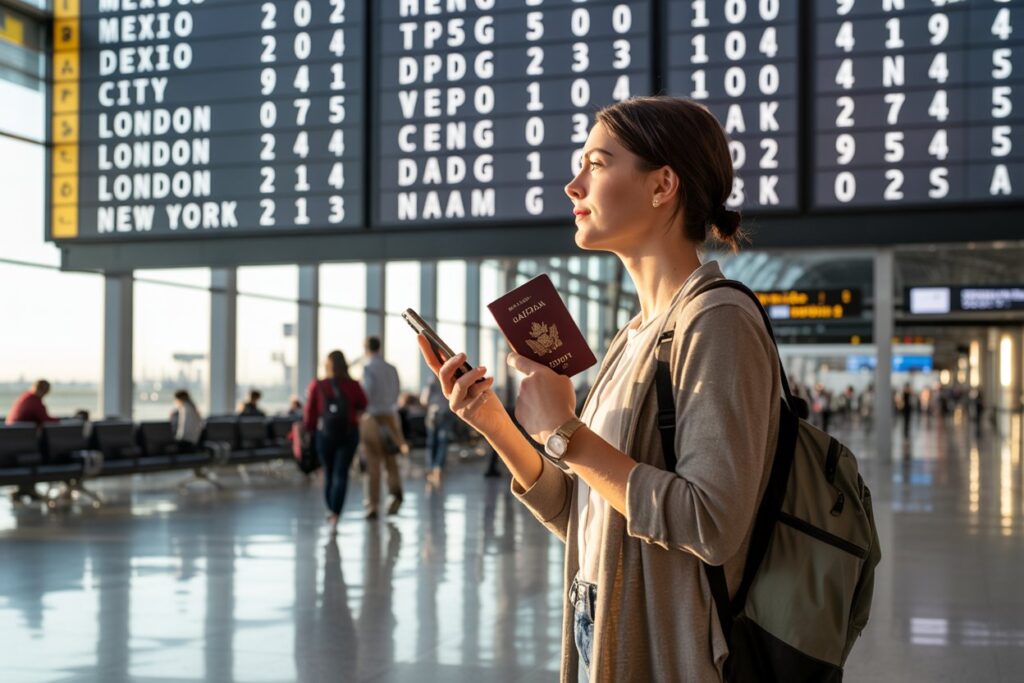 Young woman with a backpack at an airport, looking at her phone while holding a passport; a large flight information board and travelers are in the background.