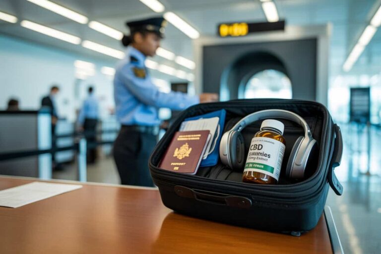 Carry-on bag opened at airport security with a passport, headphones, and a bottle labeled CBD gummies visible inside the bag.