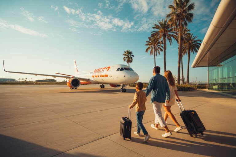 Family of three walking toward a parked airplane with rolling suitcases on a sunny airport tarmac, palm trees in the background.