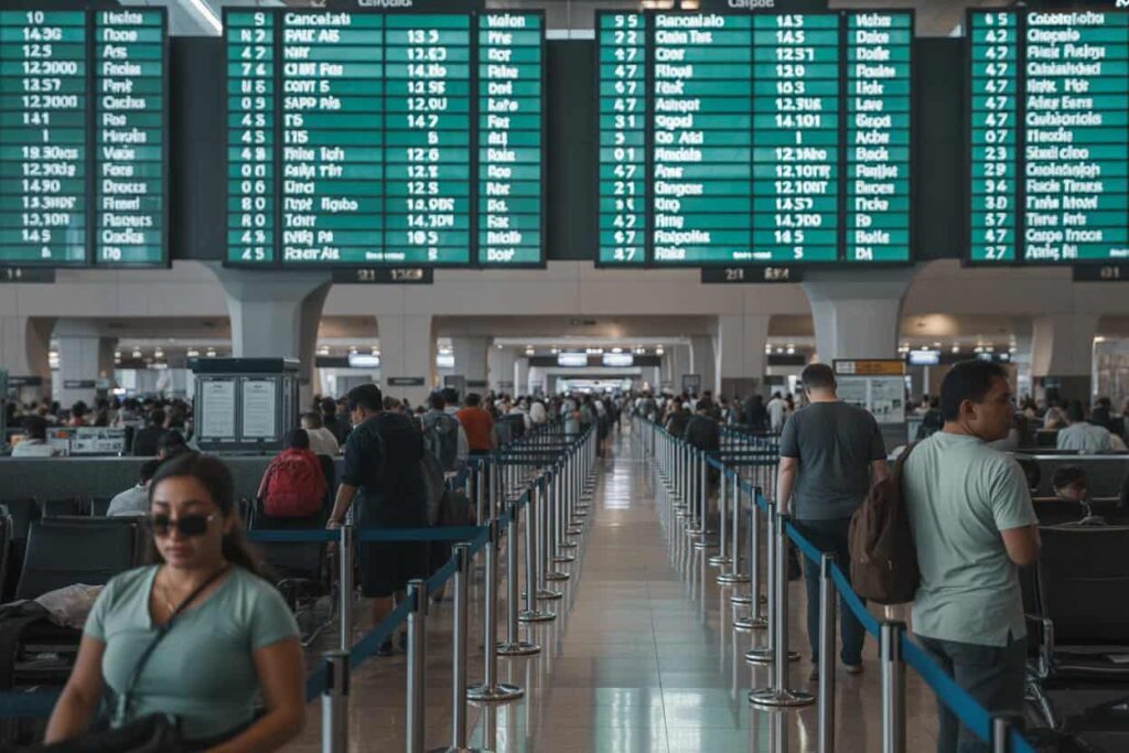 Crowded airport check-in area with blue queue barriers and large flight information boards overhead to guide travelers.