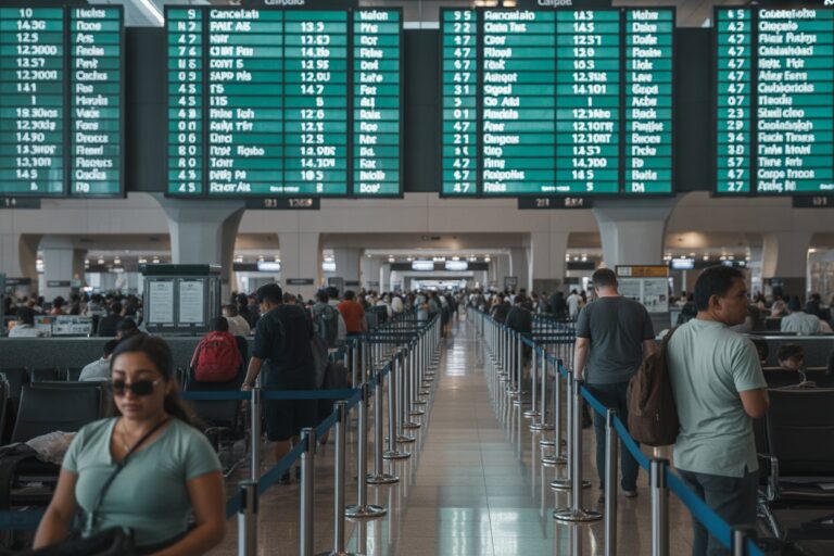 Crowded airport check-in area with blue queue barriers and green flight information boards overhead.