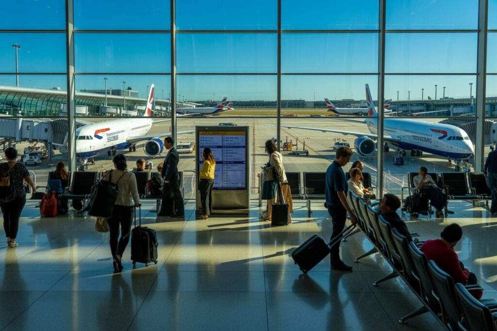 Passengers with luggage wait at the gate inside a bright airport terminal; airplanes are parked at gates outside the windows.