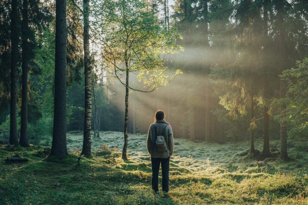 Person with a small backpack stands in a sunlit forest clearing, rays filtering through the trees.