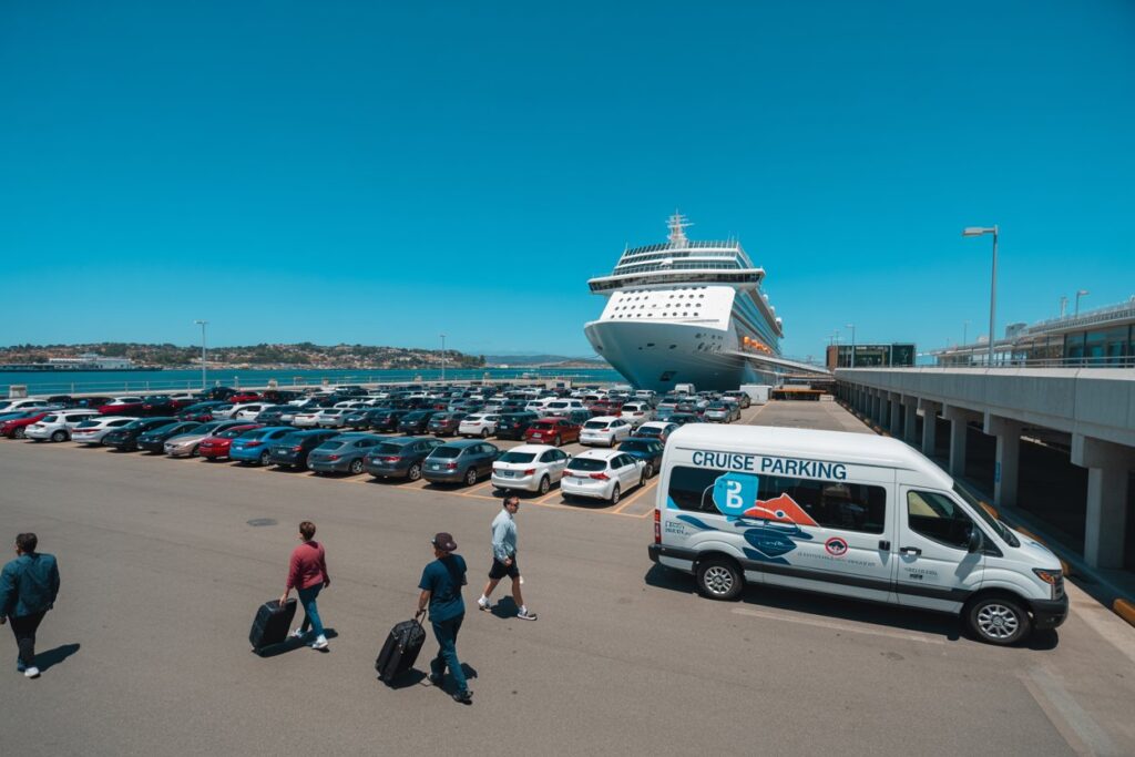 Large cruise ship docked at a terminal with a row of parked cars and travelers pulling suitcases in the foreground.