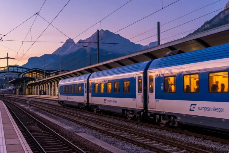 Blue and white passenger train at a mountain station during sunset, passengers visible through the windows.