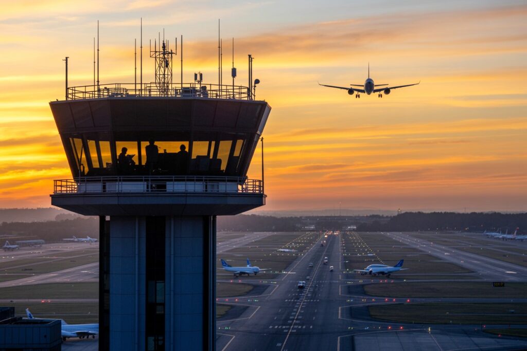 Air traffic control tower silhouetted against a orange sunset, with planes on the runway and an approaching aircraft in the distance.