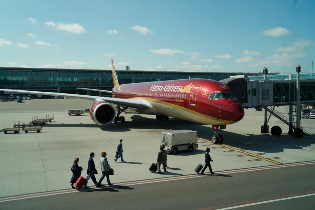 Virgin Atlantic jet at the gate with passengers walking on the tarmac toward the jet bridge carrying rolling suitcases.