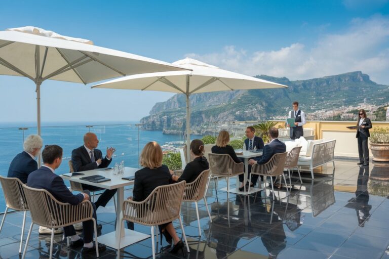 Businesspeople sit around white tables on a rooftop terrace with an ocean view and distant mountains in the background, under large umbrellas.