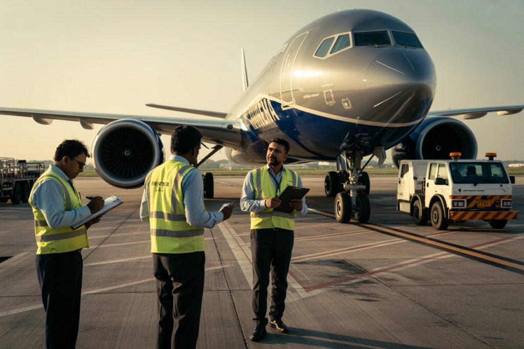 Ground crew in high-visibility vests stand near a large commercial airliner on the tarmac, discussing with clipboards.