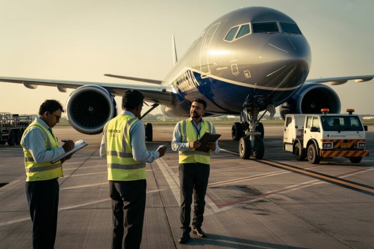 Ground crew in high-visibility vests stand near a large commercial airliner on the tarmac, discussing with clipboards.