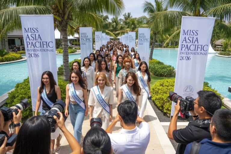 Miss Asia Pacific 2026 contestants walk along a poolside runway as photographers snap pictures amid palm trees and banners.