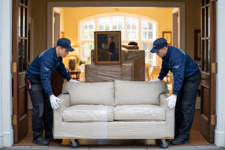 Two movers in blue uniforms push a wrapped beige sofa on a wheeled cart through a doorway into a sunny interior.