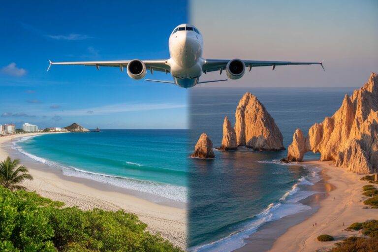 Airliner flying toward the viewer over a split scene: left side a turquoise Caribbean beach with palm trees, right side orange rock formations along a rocky coast.