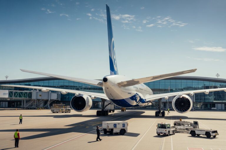 Wide view of a large commercial airplane parked at a gate, with jet bridges and a clear sky in the background.