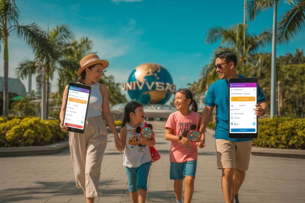 Family of four walking in a sunny theme park, each holding a large tablet showing a travel app.
