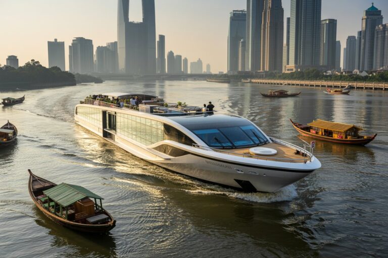 Sleek white luxury yacht speeds along a wide river with a modern city skyline in the background.