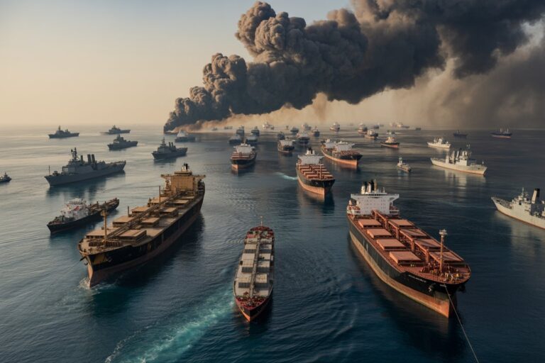 Aerial view of many ships at sea with a massive black smoke plume rising from a burning vessel in the distance, near the horizon.