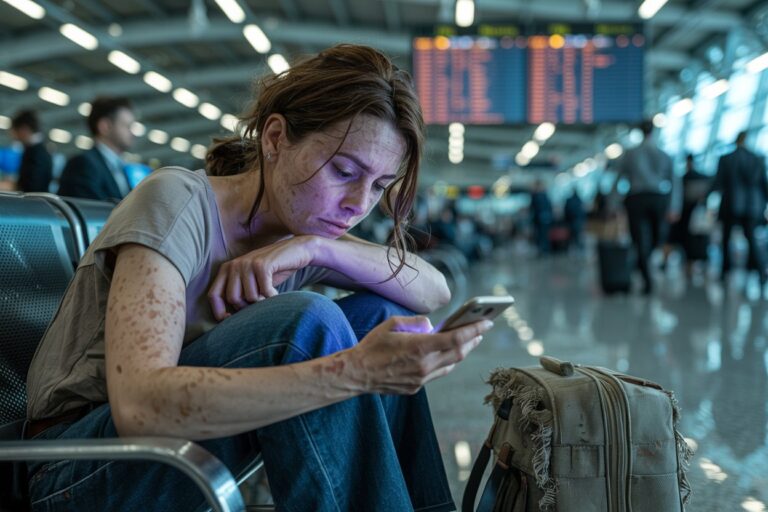 Traveler sits in an airport terminal, focused on her smartphone with a worn suitcase beside her.