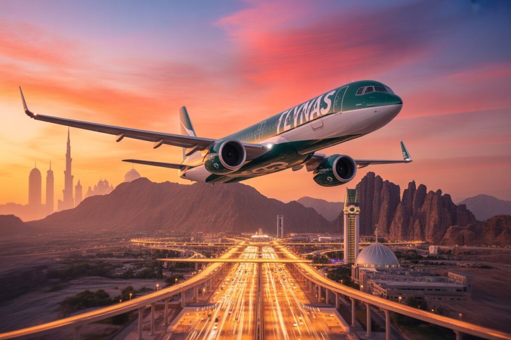 Green passenger jet soars above a city skyline at sunset, with illuminated highways below and distant desert mountains in the background.