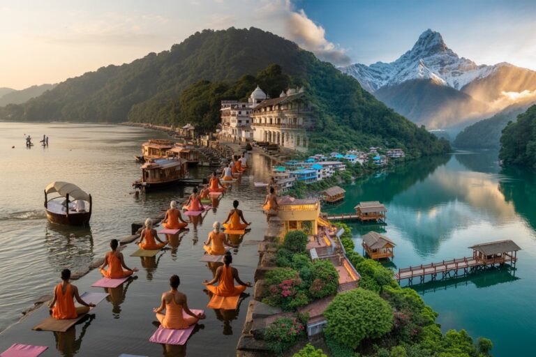 Monks in orange robes meditating on stepped jetty into a calm river beside temple buildings and boats with green hills in the background far shore.