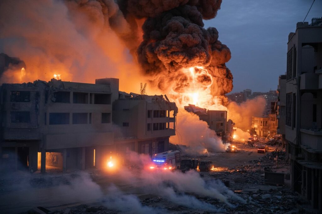 Street engulfed in flames and thick black smoke from a collapsed building, emergency vehicles with flashing lights nearby.