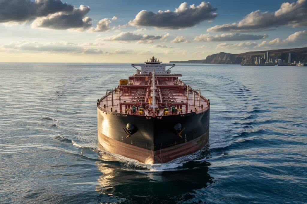 Front-on view of a large cargo ship sailing toward the camera on a calm blue sea, with a distant coastline and city skyline.